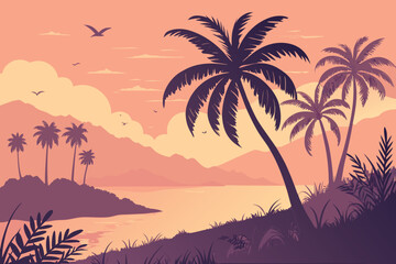  palm trees, tropical island, sunset, lake, reflection, mist, fog, silhouette, colorful sky, serene, peaceful, dreamy