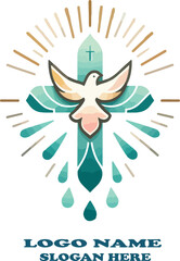 Modern Baptism Cross Logo Minimalist Cruz Bautismo Vector with Dove, Water, and Light on White Background .
