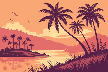 Obraz premium palm trees, tropical island, sunset, lake, reflection, mist, fog, silhouette, colorful sky, serene, peaceful, dreamy