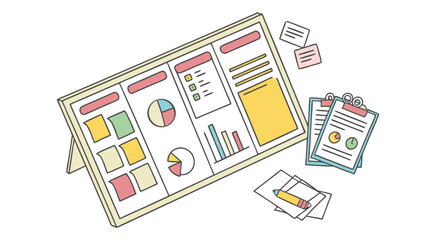 Fototapeta premium Desk presentation board with charts and papers graphs