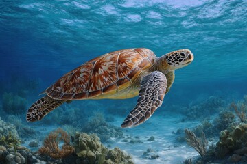 Majestic sea turtle glides gracefully through crystal clear tropical ocean waters amidst vibrant coral reefs