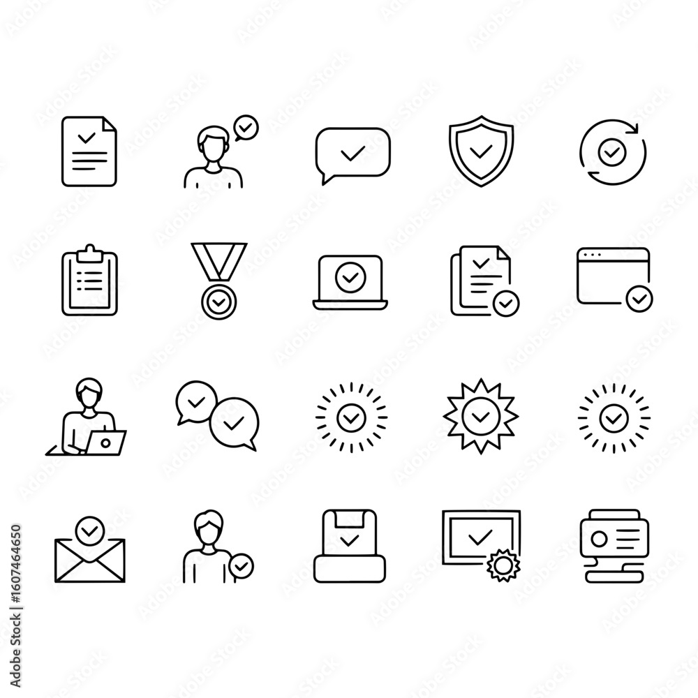 Poster collection of twenty black outline icons featuring checkmarks on documents and user interfaces eleme