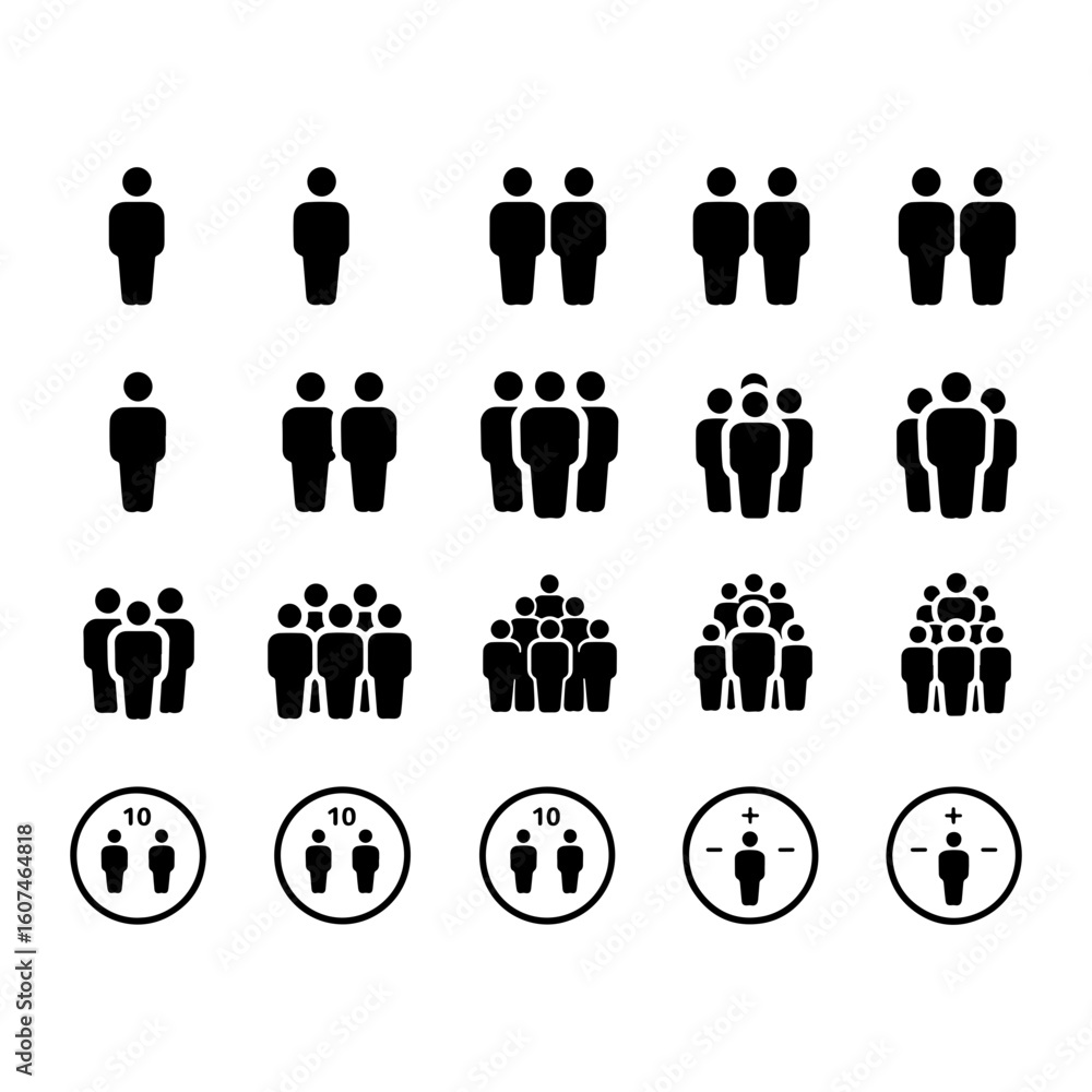 Poster vector illustration of various group sizes represented by stick figures in black on a transparent ba