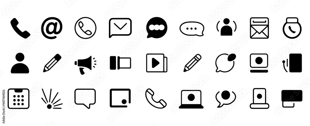 Poster vector illustration of various communication and notification icons in black on a transparent backgr