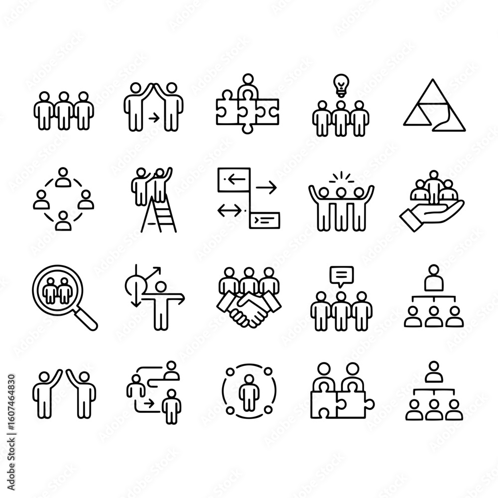 Poster vector illustration of various teamwork and collaboration icons depicting different team dynamics an