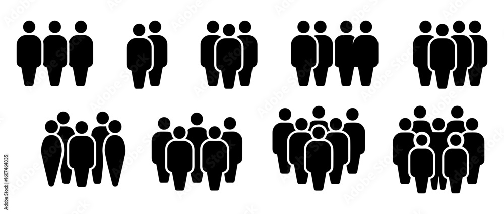 Poster vector illustration showing multiple groups of people with varying sizes in a simple black and white