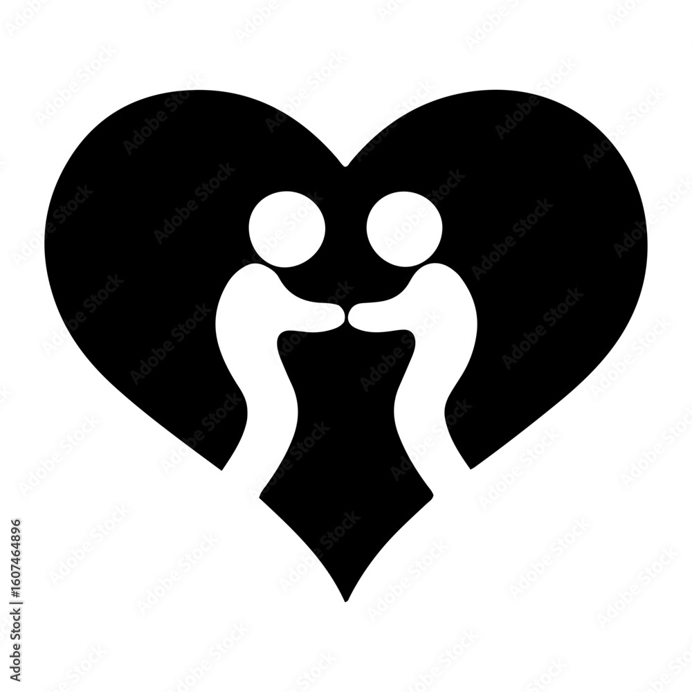 Poster two stylized figures facing each other within a black heart shape on a transparent background design