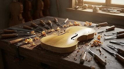 Violin Making: Close-up of Violin Body surrounded by Tools in Workshop