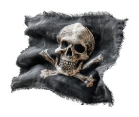 Pirate skull symbol on tattered black flag graphic design dark mood view isolated on transparent background