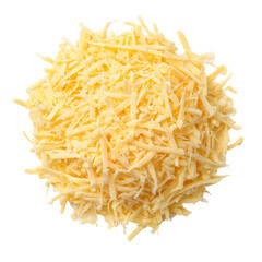 Fototapeta premium Grated Cheese: A high-angle, photorealistic close-up view showcases a mound of grated cheese, perfect for culinary uses.