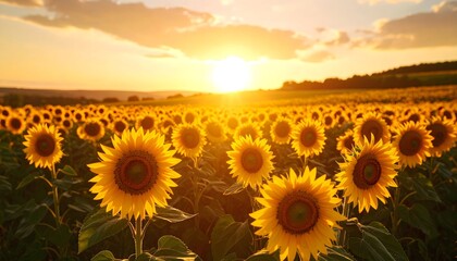 Fototapeta premium Golden sunflowers at sunset field view