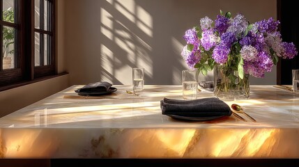 Sunlight-drenched dining table with lilac bouquet