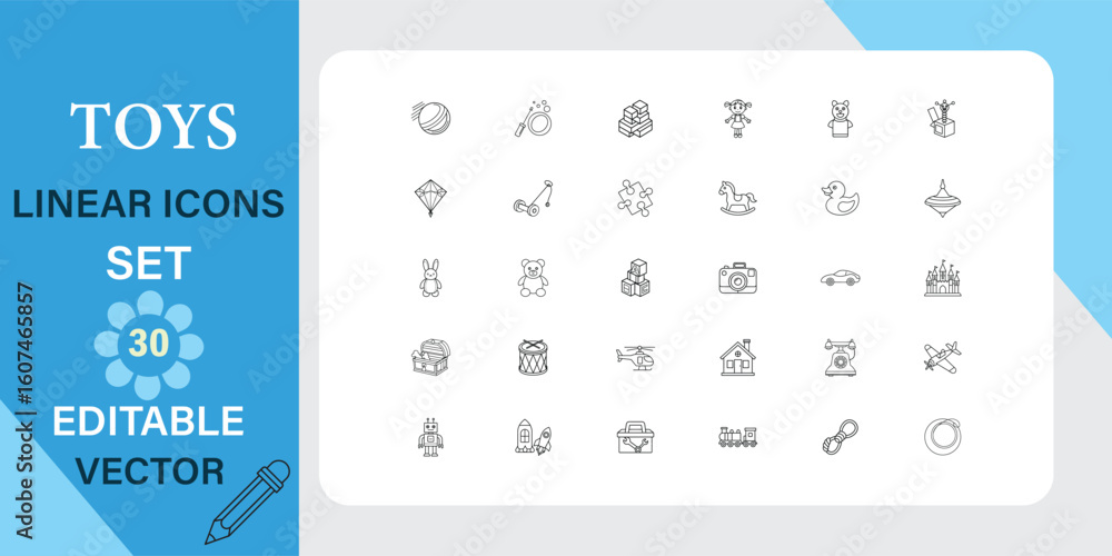 Poster a set of 30 editable vector linear icons depicting various toys. includes diverse toy types for desi