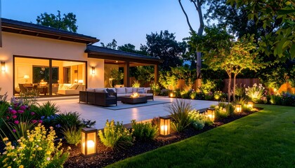 Fototapeta premium Luxury villa garden at twilight hour.