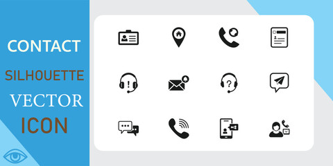 Set of contact silhouette vector icons. Includes phone, email, location, support, and message symbols 