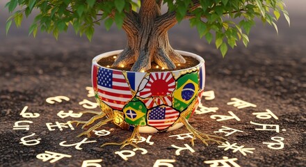 A tree with roots growing out of a pot decorated with world flags, surrounded by scattered global alphabets, symbolizing cultural and linguistic diversity.