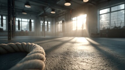 Sunlit gym interior, rope foreground
