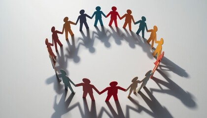 Colorful paper cutout figures hold hands in a circle, casting shadows that form a heart shape on a white surface.