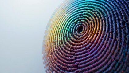 Close-up of a colorful, textured fingerprint with vibrant lighting, highlighting unique ridge patterns and intricate details.