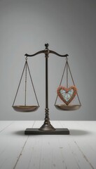 A vintage balance scale with one side empty and the other holding a heart-shaped object wrapped in barbed wire.