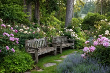 Tranquil woodland garden retreat with rustic wooden benches and abundant blooming flowers