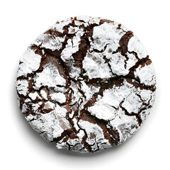 A single chocolate crinkle cookie topped with powdered sugar, showcasing a cracked surface texture.