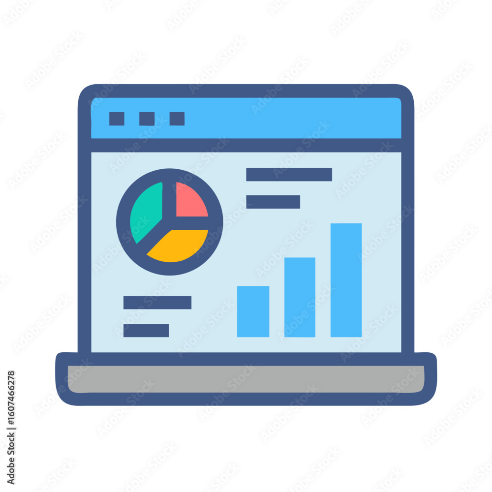 Poster laptop displaying pie chart and bar graph, financial data