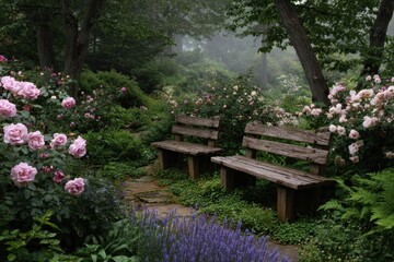 Enchanting woodland pathway lined with blooming pink peonies and rustic wooden benches invites serene contemplation