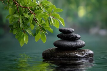 Serene stacked stones in tranquil water with lush green foliage overhead creating a peaceful natural scene