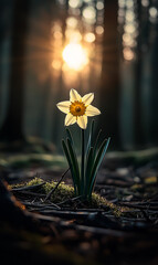 Narcissus flowers in sunlight with forest background