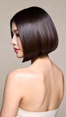 Fototapeta premium Elegant woman with smooth, sleek dark brown bob hairstyle, showcasing a polished and modern haircut.