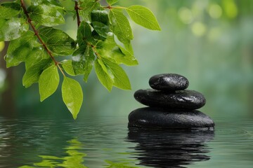 Serene stack of smooth dark river stones reflecting in rippling water under lush green foliage
