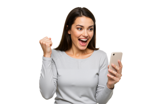 A joyful woman in a gray top raises a fist pump while holding a smartphone, celebrating exciting news against a transparent background, AI generated.
