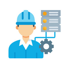 Engineer with server and gear on black background icon