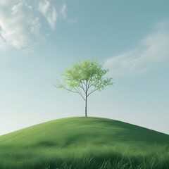 Fototapeta premium Vibrant green tree gracefully standing alone on a peaceful rolling hill under a serene clear blue sky, symbolizing growth, solitude, and natural harmony.
