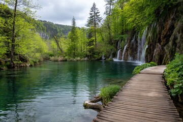 Serene pathway meanders beside emerald waters leading to cascading waterfalls in a lush forest