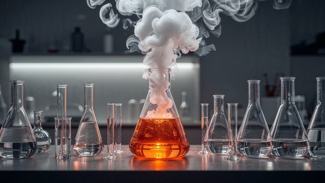 A laboratory flask containing colored liquid is emitting steam, illustrating a scientific experiment in progress, in a clean and professional laboratory environment focused on chemistry