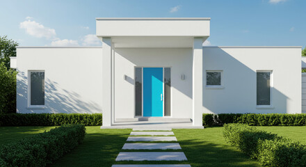 Modern Home Exterior with Blue Door.