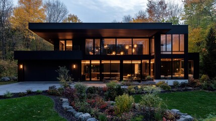 Fototapeta premium Modern two-story house with large windows in autumn landscape