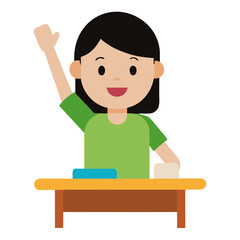 Happy student with black hair raising hand at desk in classroom