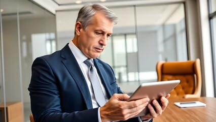 Fototapeta premium Senior Executive Using Tablet for Work in Modern Office - Business Technology