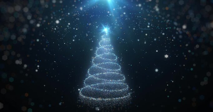 Glowing Christmas tree animation with snowflakes and particles on blue. Holiday concept and background. Seamless looping 4k