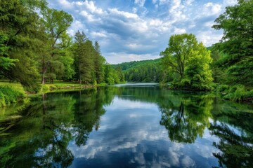 Serene woodland lake reflecting a vibrant sky with lush green trees and rolling hills in the distance