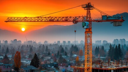 Sunrise cityscape with construction crane