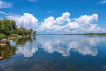 Vibrant cumulus clouds reflected perfectly on a serene calm body of water under a bright blue sky