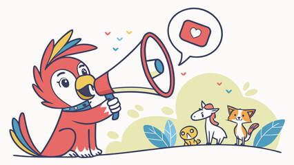 Cartoon parrot with megaphone announces love message to unicorn fox and chick in a cute illustration