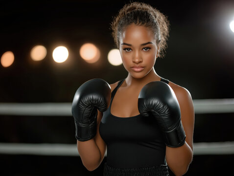 Young African American woman in boxing gloves stands confidently in a ring, showcasing strength and determination with a blurred background of lights and ropes, embodying the spirit of sports