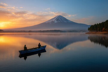 Serene sunrise over a majestic mountain reflected in a calm lake with two figures in a boat
