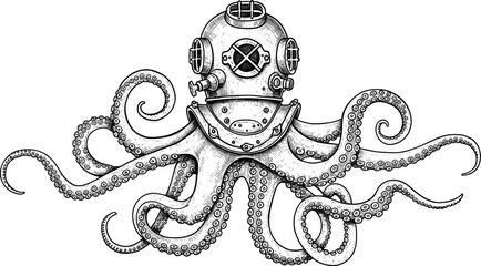 Octopus with vintage diving helmet sketch, marine creature illustration, underwater exploration art, steampunk ocean life, detailed tentacle drawing