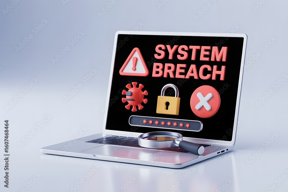 Poster laptop screen displaying system breach alert with virus icon padlock and error symbol magnifying gla